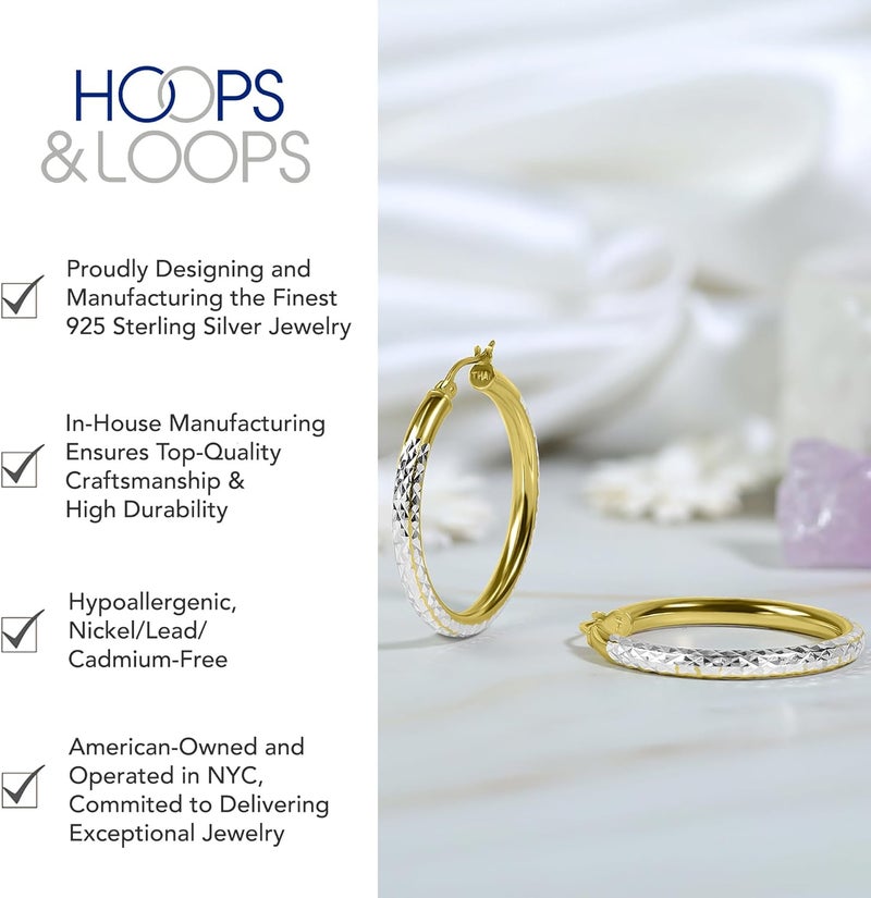 Hoops & Loops - Sterling Silver 25mm Two Tone Diamond Cut Click Top Hoop Earrings in Sterling Silver & Yellow Gold Flash Plated - Image 3